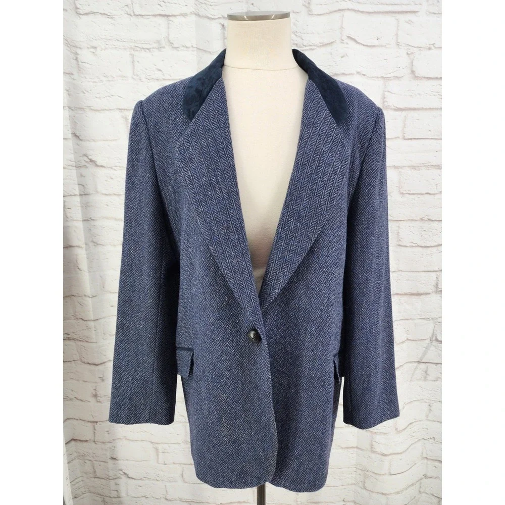 Vintage Herringbone Tweed Blazer Jacket Academia Heritage Longline Wool Size 12